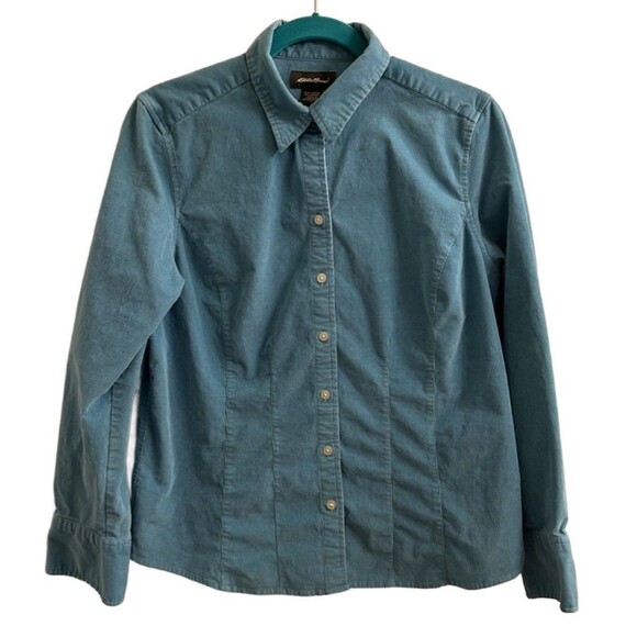 Eddie Bauer Women Shirt Blue Corduroy Button Up Cotton Sz Large Preppy Y2K - Picture 1 of 5